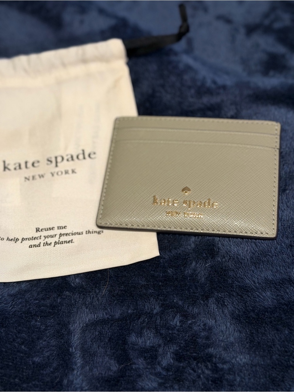 kate spade gray saffiano leather card holder with gold logo